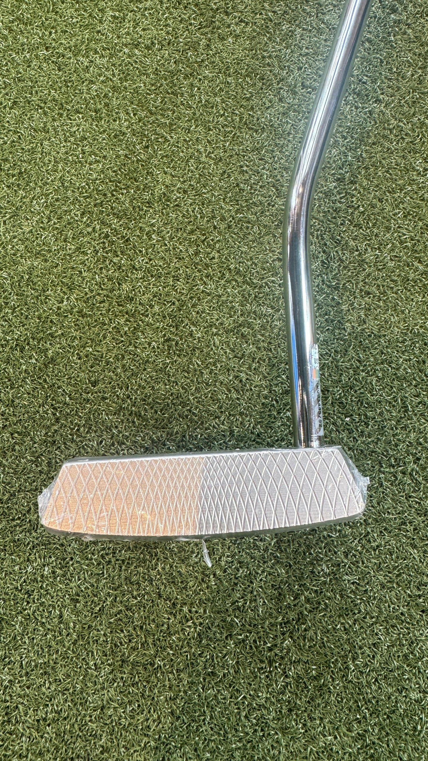 Golf putter head on a green putting surface