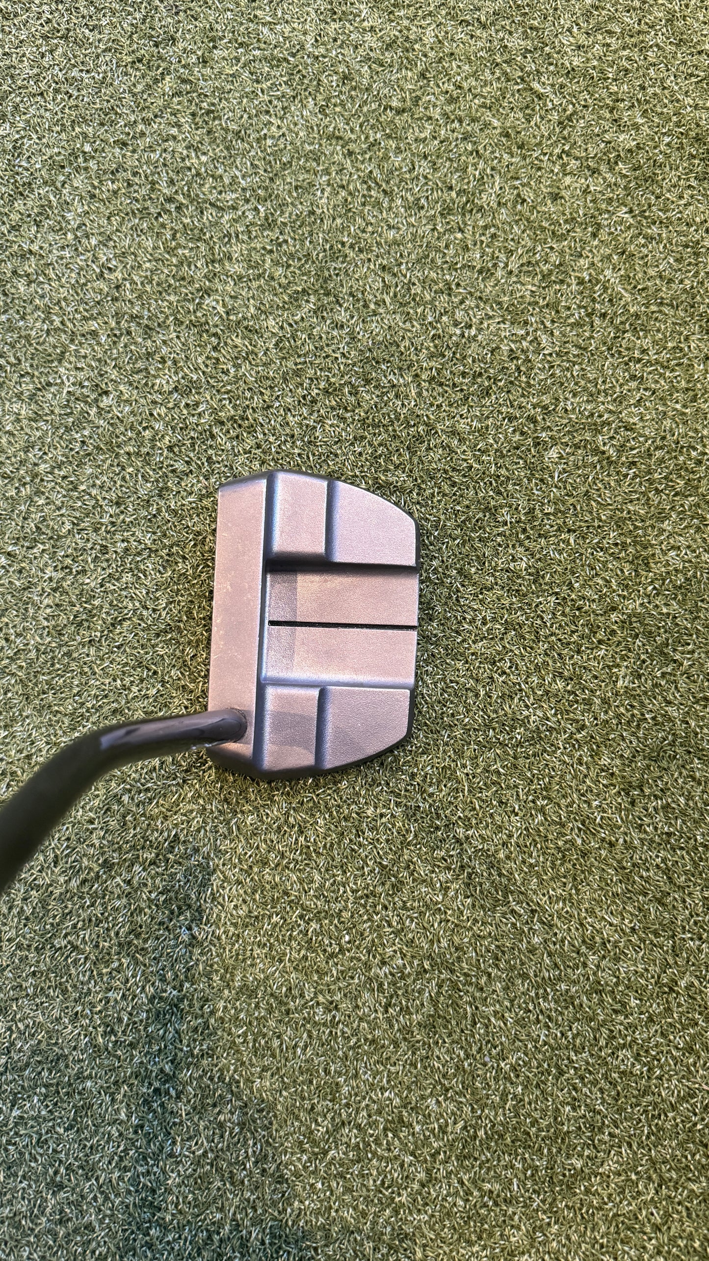 Golf putter head on a green grass background