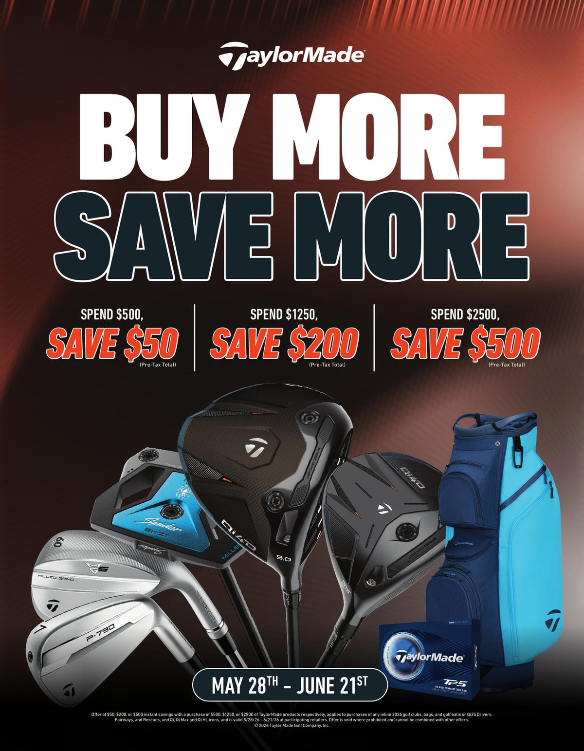TaylorMade Buy More, Save More — spend $500 save $50, spend $1,250 save $200, spend $2,500 save $500. May 28 to June 21, 2026. Eligible: in-line 2026 golf clubs, bags, golf balls, Qi35 drivers, fairways, rescues, and Qi/Qi Max/Qi HL irons.